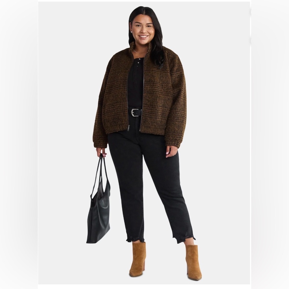 Time and Tru Faux Wool Bomber Jacket M Medium NWT Brown Houndstooth Plaid Zip Up - Picture 4 of 6